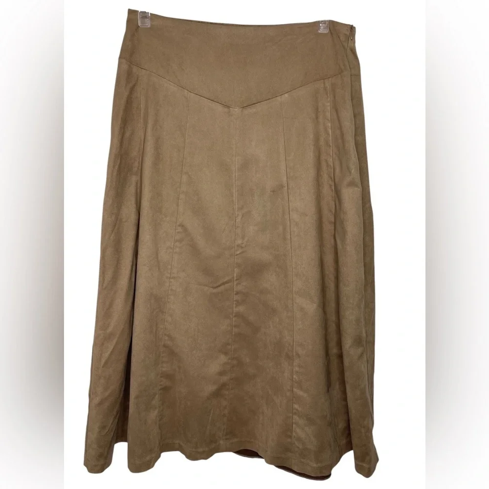 Camel Faux Suede A-Line Skirt High Waist Boho Chic Flowy Midi Western Size Med